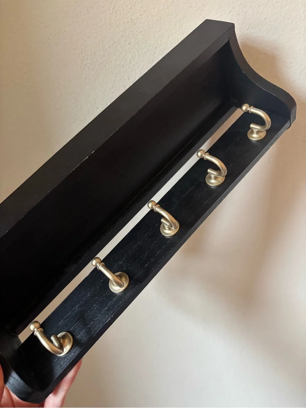 Black Wall Shelf with 5 Brass Hooks